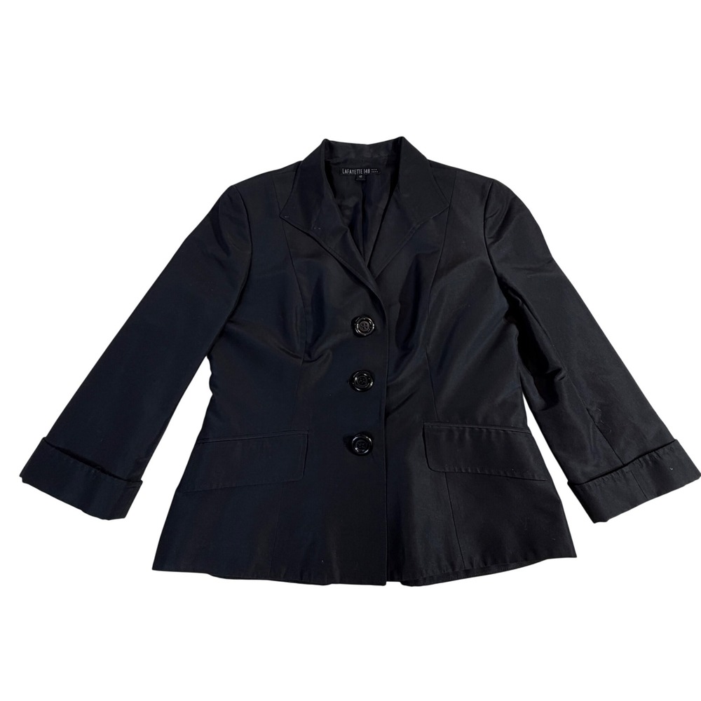 Lafayette 148 Cotton Silk Blazer Size 12 Black Three Button Tailored